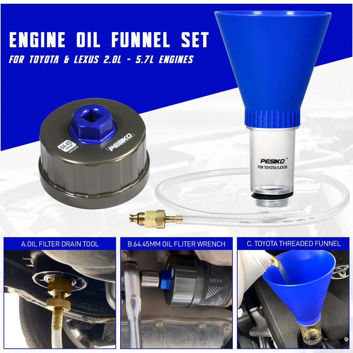 PESIKO threaded funnel in use on engine housing enabling spill-free refilling