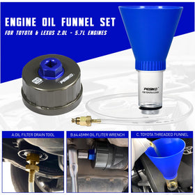 PESIKO threaded funnel in use on engine housing enabling spill-free refilling