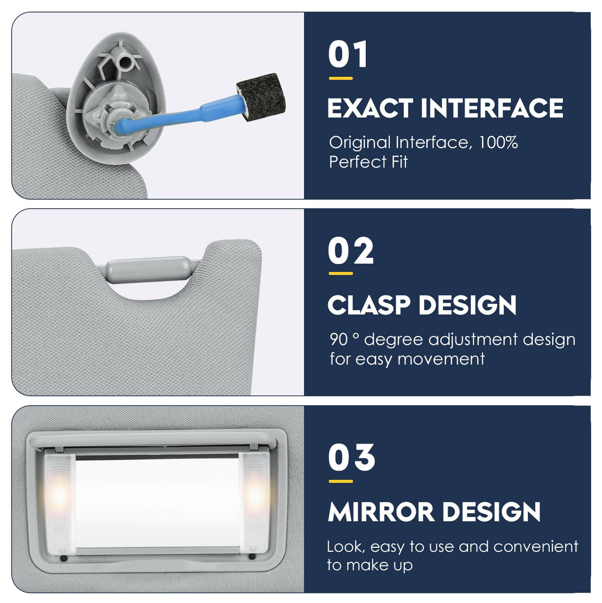 PetMigo visor vanity mirror closeup with light, enabling quick low-light checks