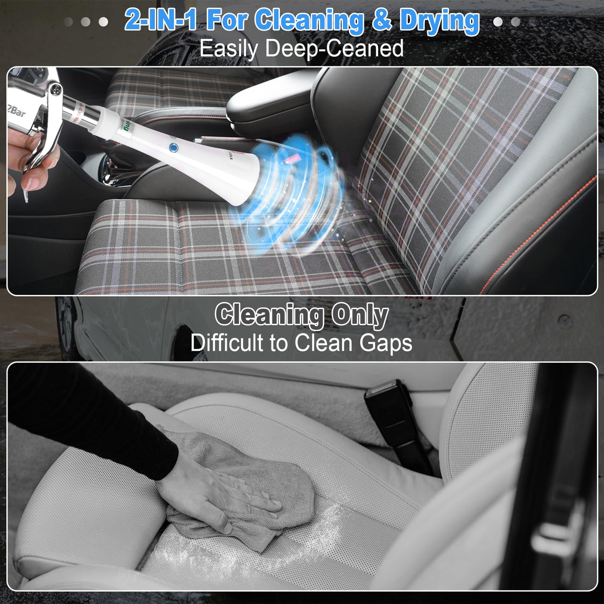 phepetroll gun blowing dust from dashboard vents illustrating quick interior cleaning