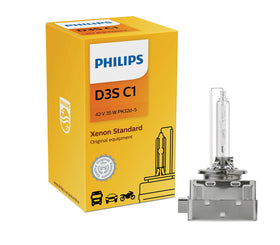 PHILIPS D3S front view of bulb and packaging showing authentic branding and clear light benefit