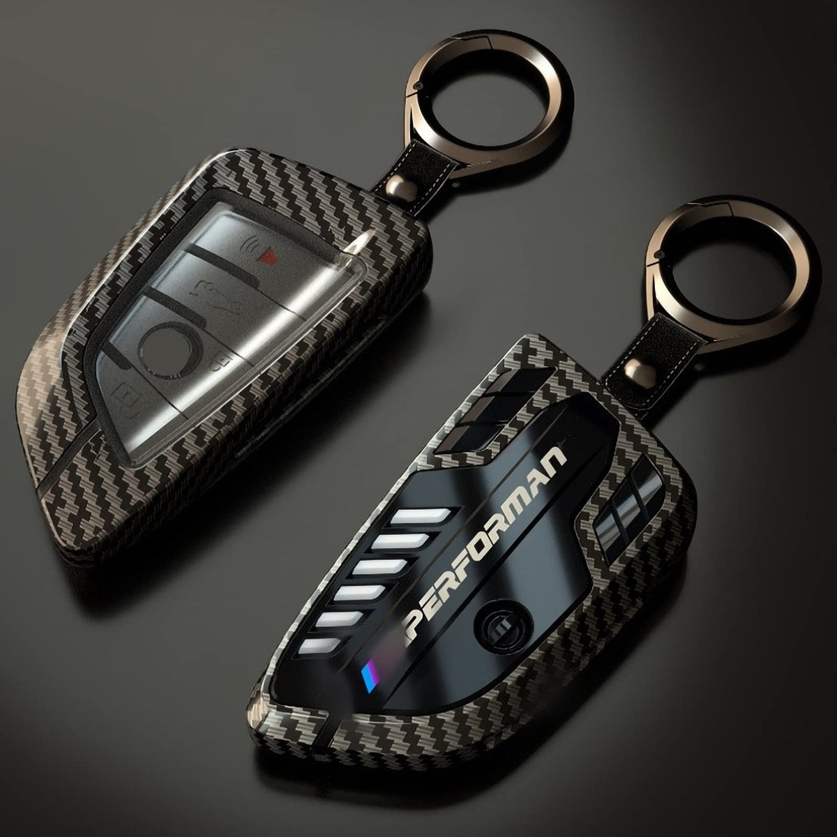 Phmnkl front view carbon fiber key case showing sleek protection and style