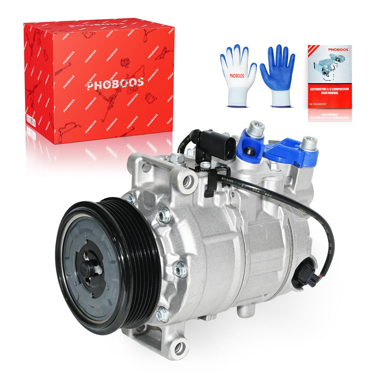 PHOBOOS front view of compressor showing bolt holes and clutch, ensures direct fit