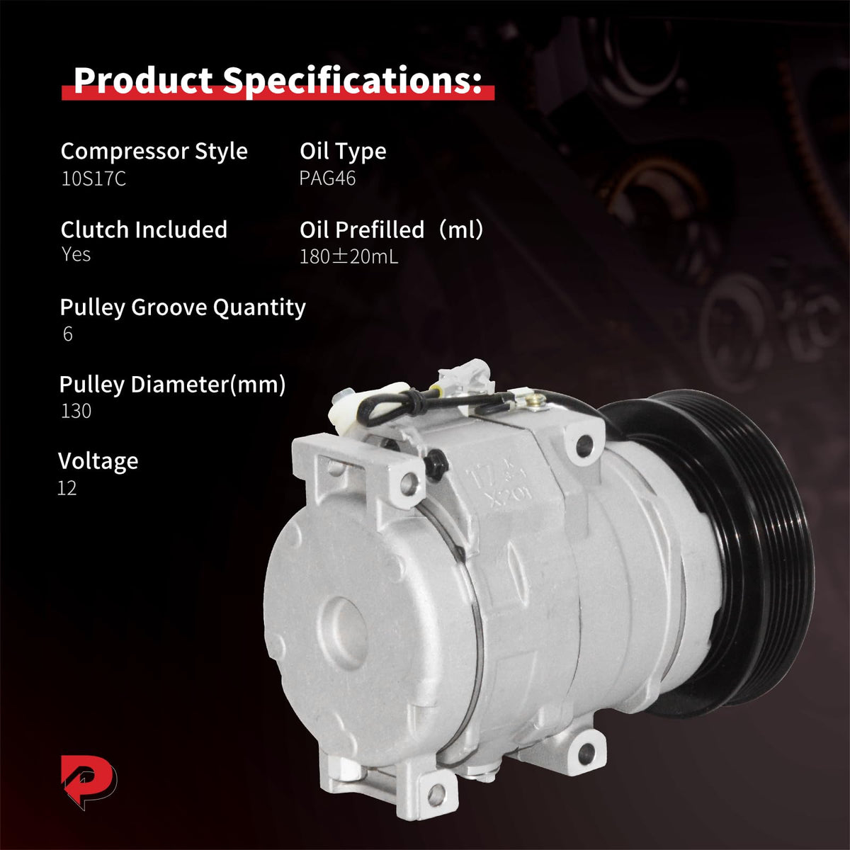 PHOBOOS compressor pulley detail showing six-groove pulley for OEM belt fitment