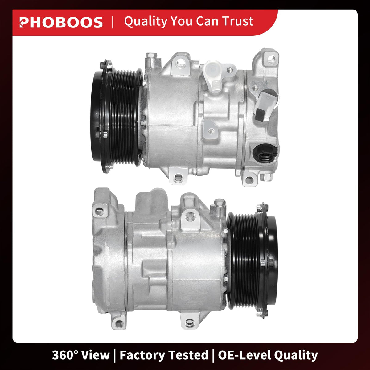 PHOBOOS compressor next to ruler showing accurate 110mm pulley scale