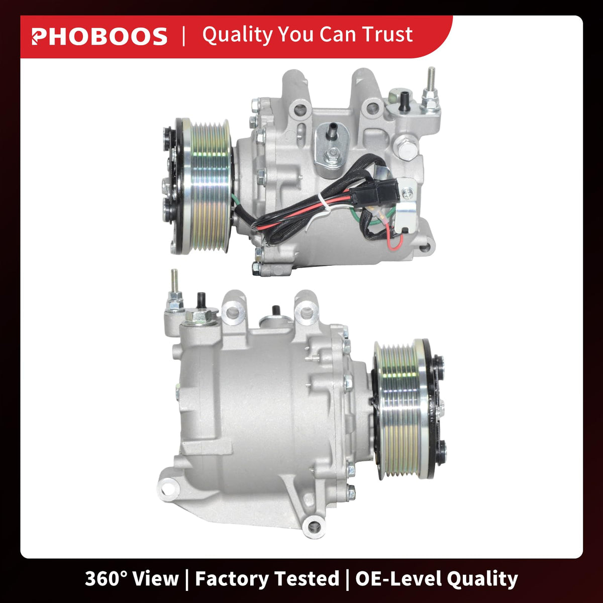 PHOBOOS compressor next to ruler showing 100mm pulley diameter and scale