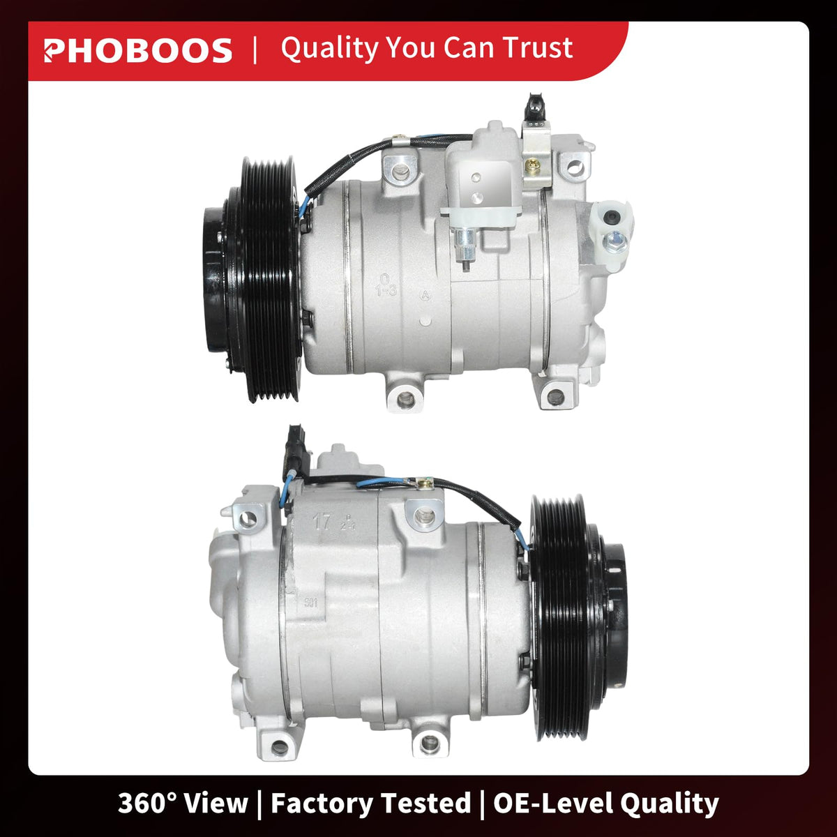 PHOBOOS compressor installed in engine bay demonstrating direct bolt-on replacement