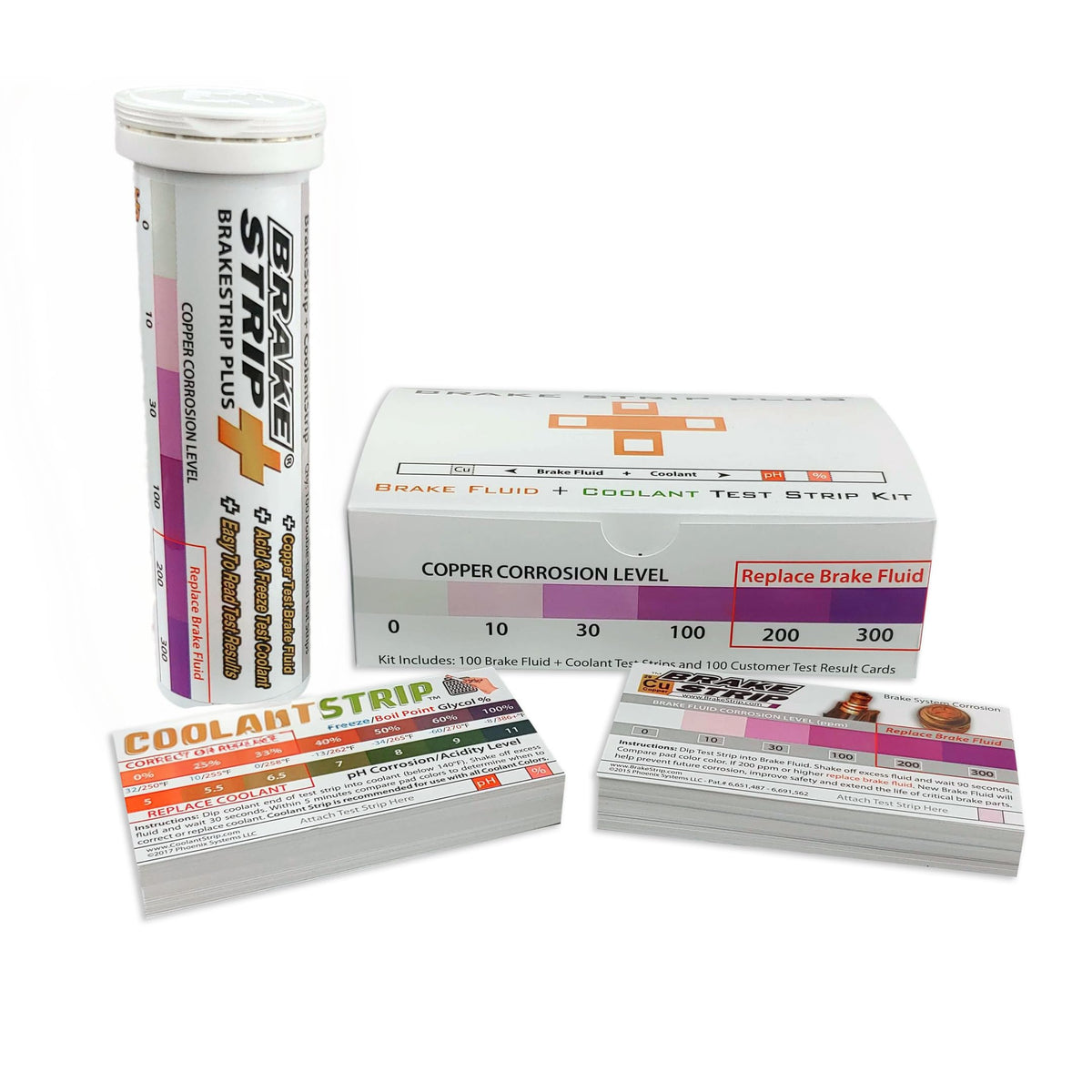 Phoenix Systems metal tube packaging with 100 double-ended test strips and rating cards for clear shop reporting