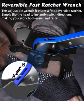 PHYRLRDOW ratchet head at 360° angle for one‑handed access in tight wheel wells