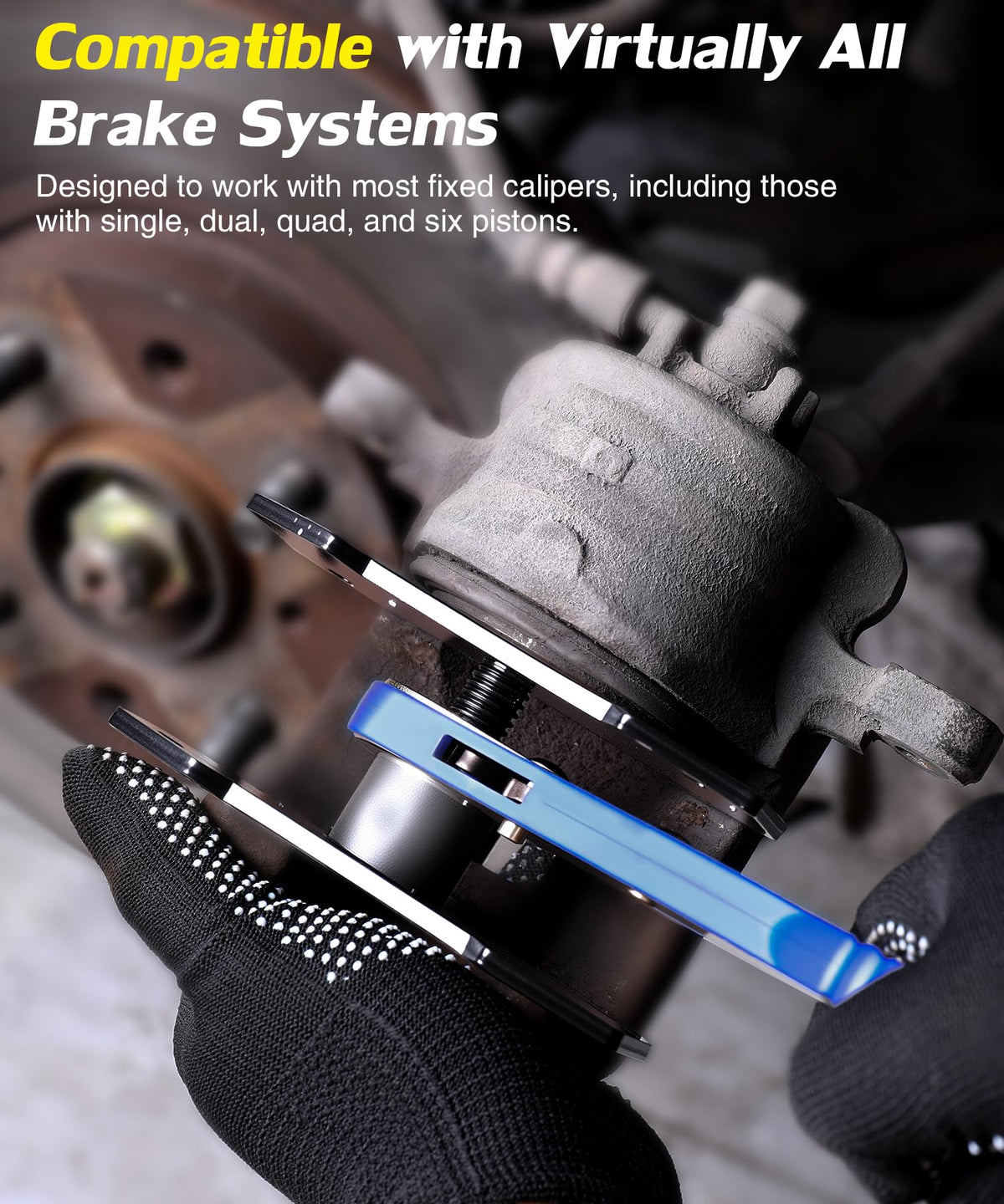 PHYRLRDOW tool compressing caliper piston on car demonstrating safe, controlled retraction