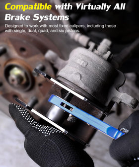 PHYRLRDOW tool compressing caliper piston on car demonstrating safe, controlled retraction