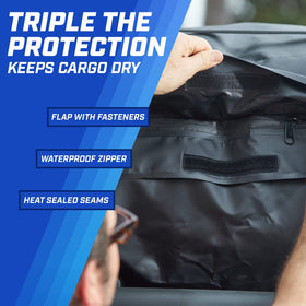 P.I. AUTO STORE roof bag mounted on vehicle demonstrating secure in-transit fit