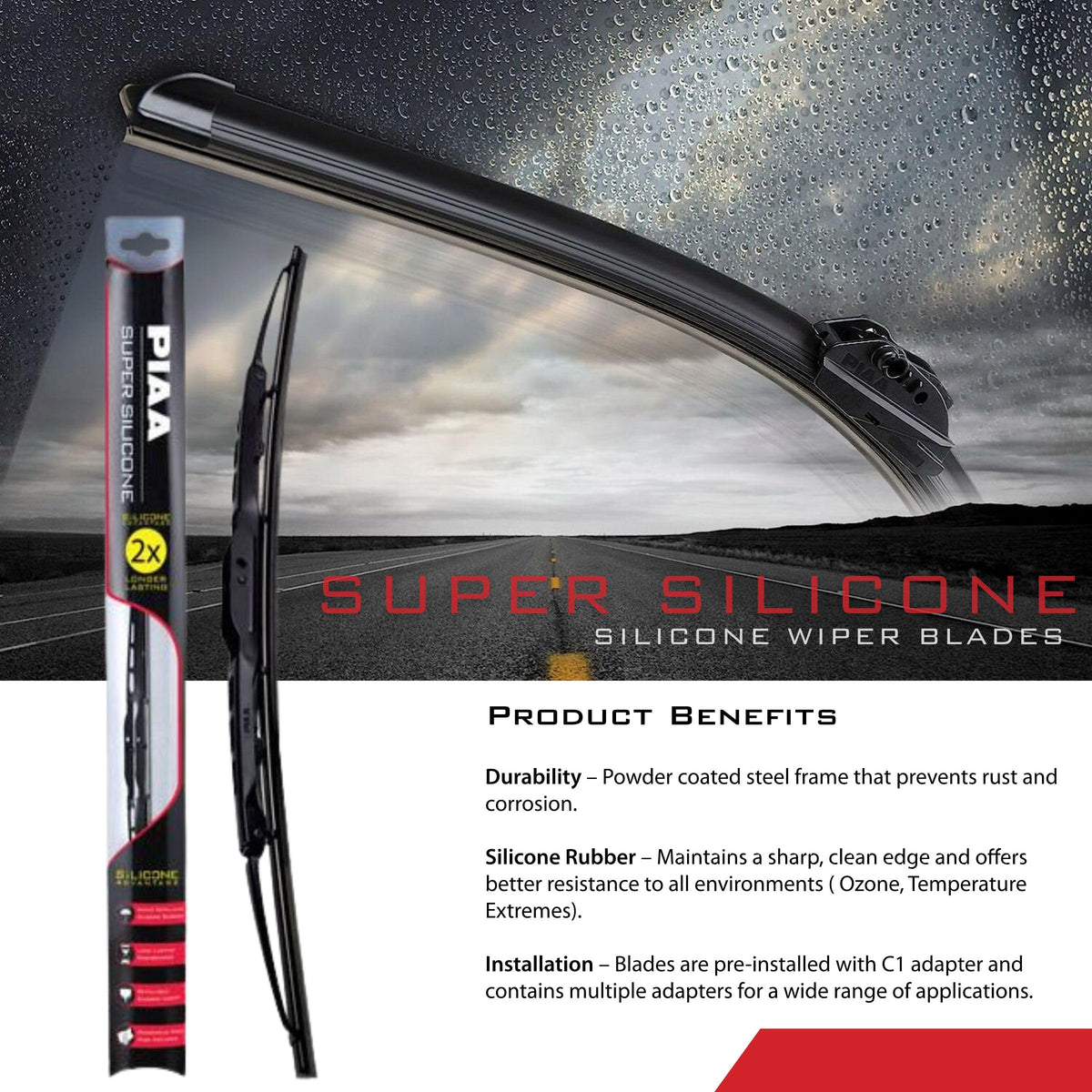 PIAA aerodynamic frame detail showing balanced pressure and quiet wipe