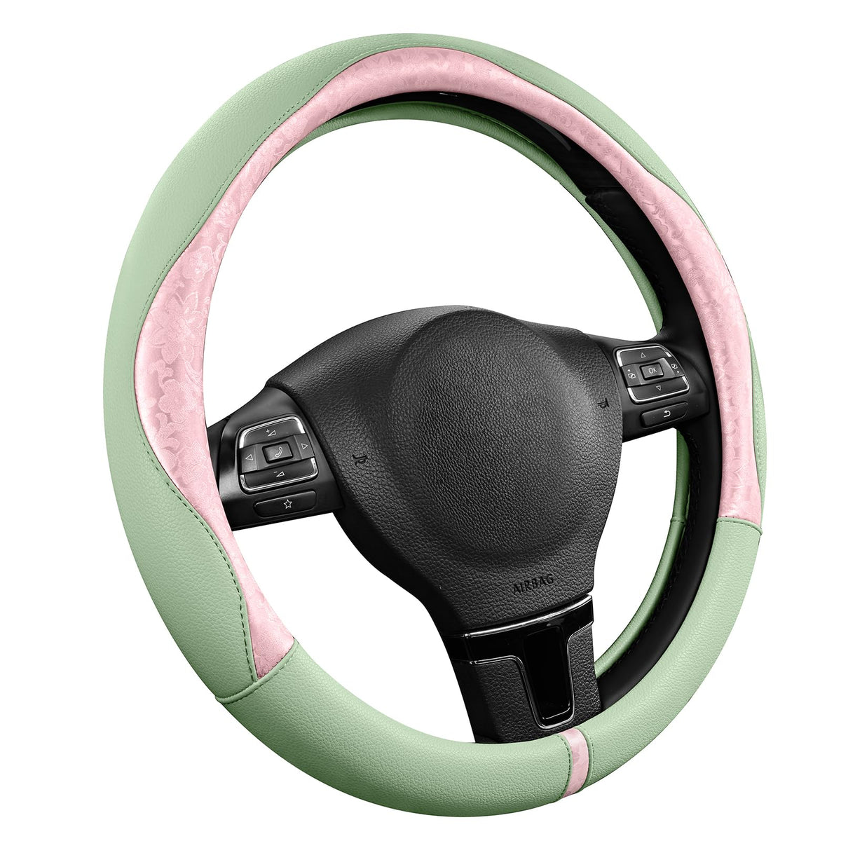 PIC AUTO front view of pink patterned green patchwork steering wheel cover showing design and fit benefit