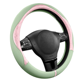 PIC AUTO front view of pink patterned green patchwork steering wheel cover showing design and fit benefit