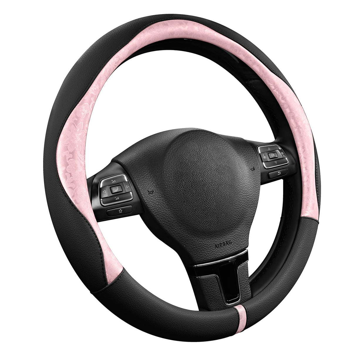 PIC AUTO front view of pink patterned steering wheel cover shows design and fit benefits