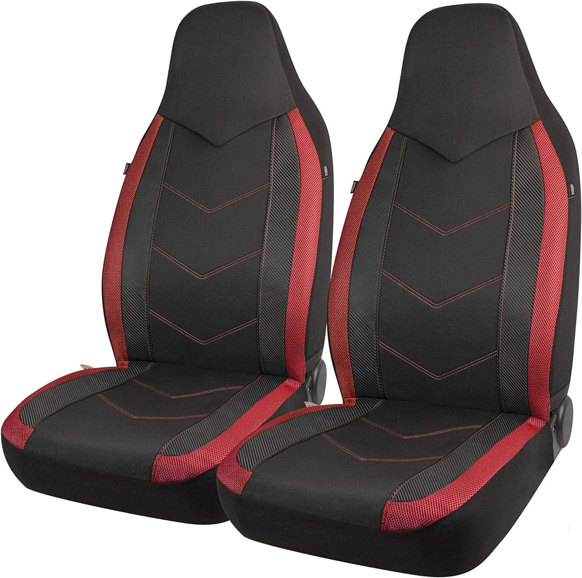 PIC AUTO front view of red seat covers showing sporty upgrade and protection