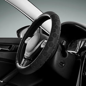 PIC AUTO front view of black football-pattern steering wheel cover, improves grip