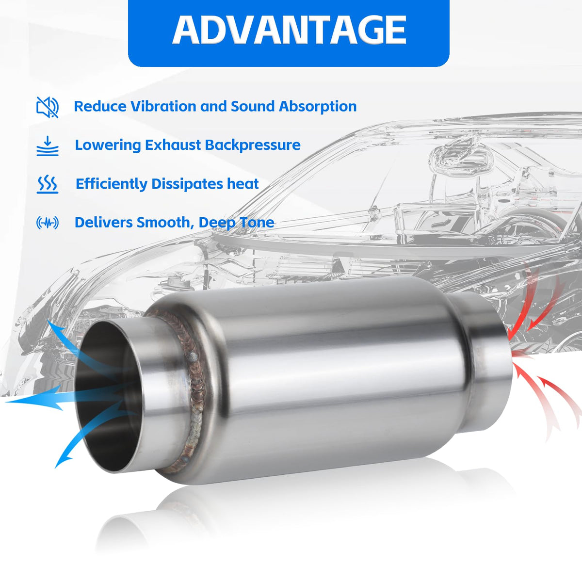Piclafe resonator inside vehicle midpipe showing space-saving fit and tone control