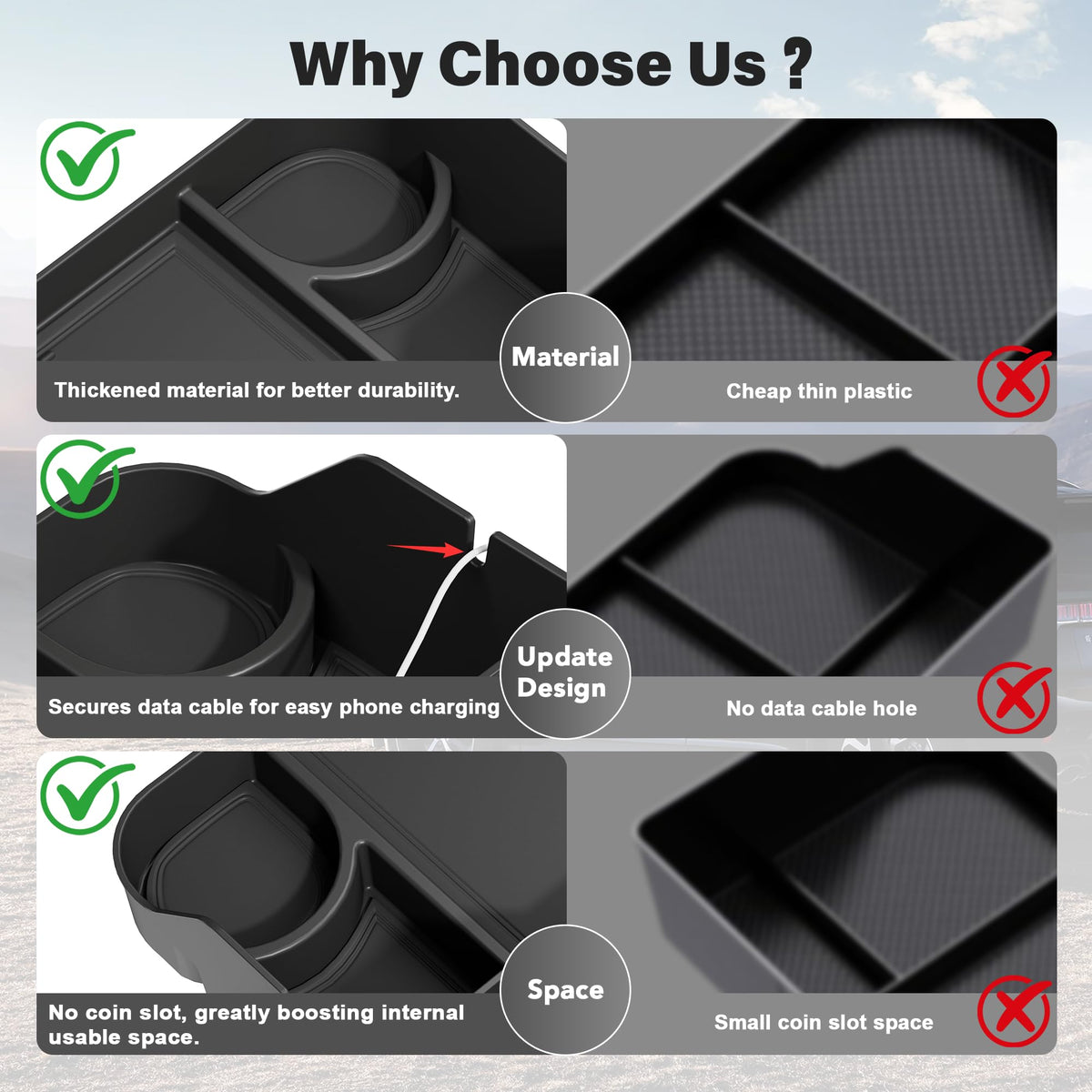 PICURA cable routing holes keeping charging cords neat and accessible