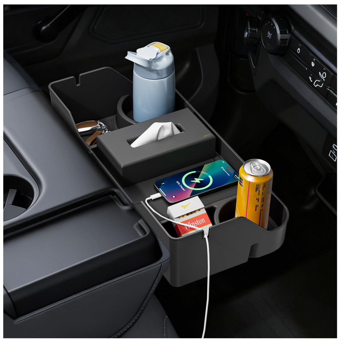 PICURA front view installed on Ford jump seat showing tidy storage benefit