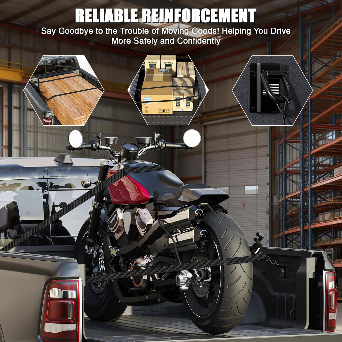 PICURA anchor securing a motorcycle strap to show improved cargo stability benefit
