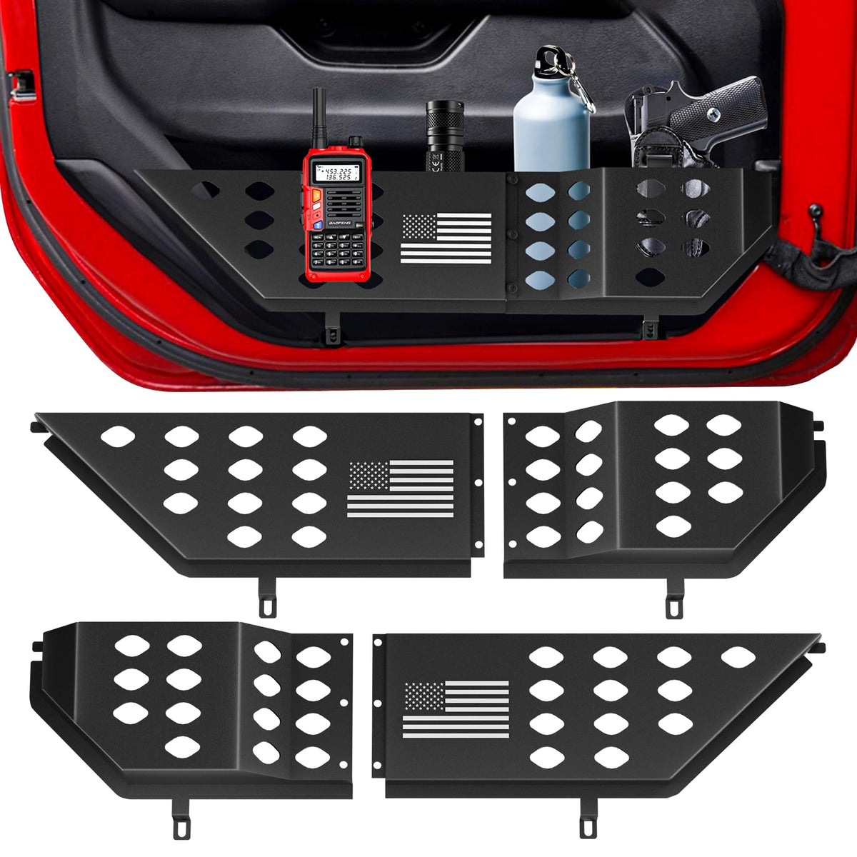 PICURA metal front door pocket installed on Jeep front door, durable storage benefit