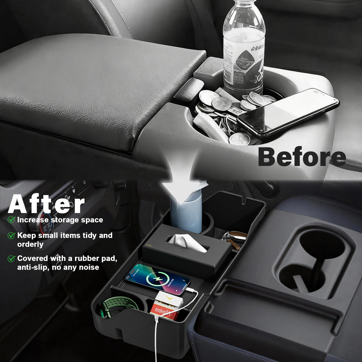 PICURA lifestyle truck interior showing organized center console convenience