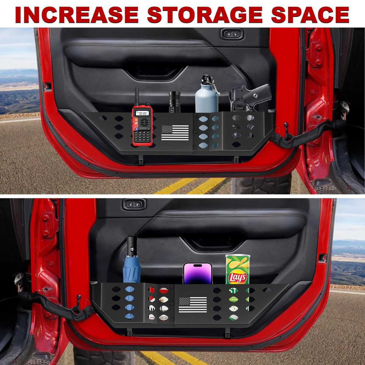 PICURA door pocket holding bottle, phone, sunglasses for organized storage benefit