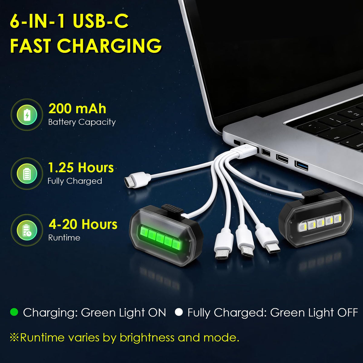 PIFOOG 1-to-6 USB-C cable charging all lights together for fast convenience