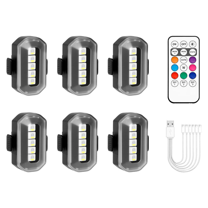 PIFOOG front view showing six compact strobe lights and remote for easy visibility
