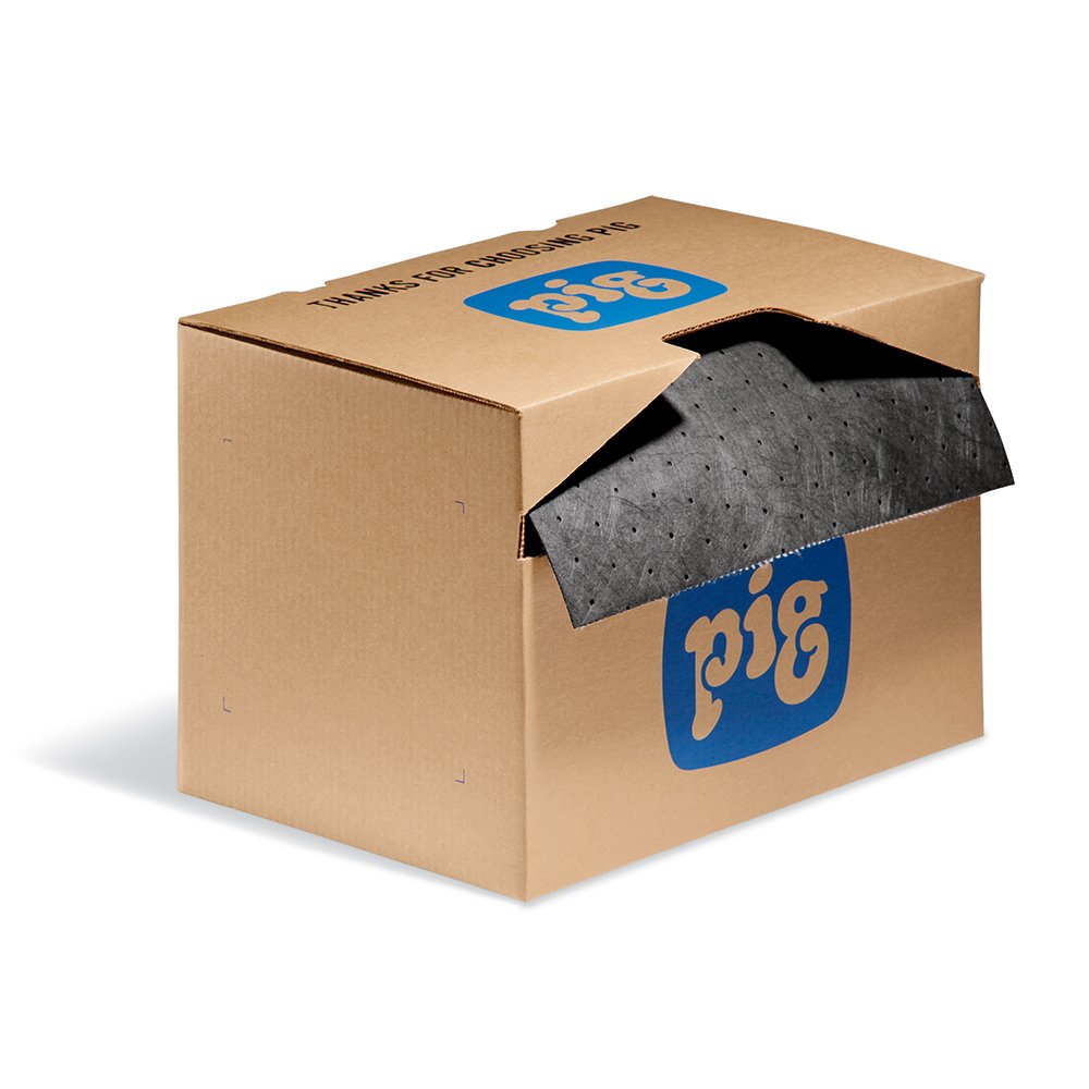 PIG dispenser box front view showing roll and easy-pull opening for quick access