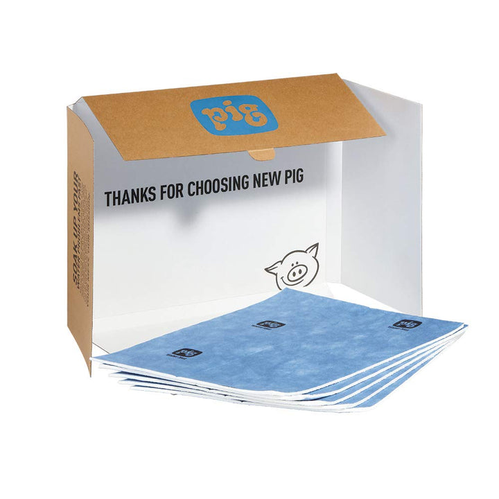 PIG absorbent mat front packaging showing 5-pack and dimensions benefits quick cleanup