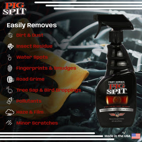 Pig Spit being wiped on car panel with microfiber delivering instant shine