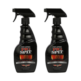 Pig Spit front packaging showing two 16 oz bottles and label benefits