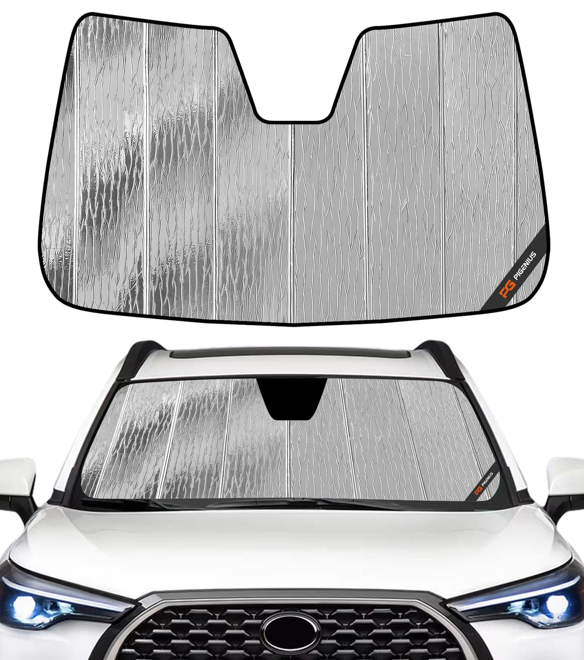 Pigenius AstraGuard front full coverage showing exact windshield fit and heat reduction