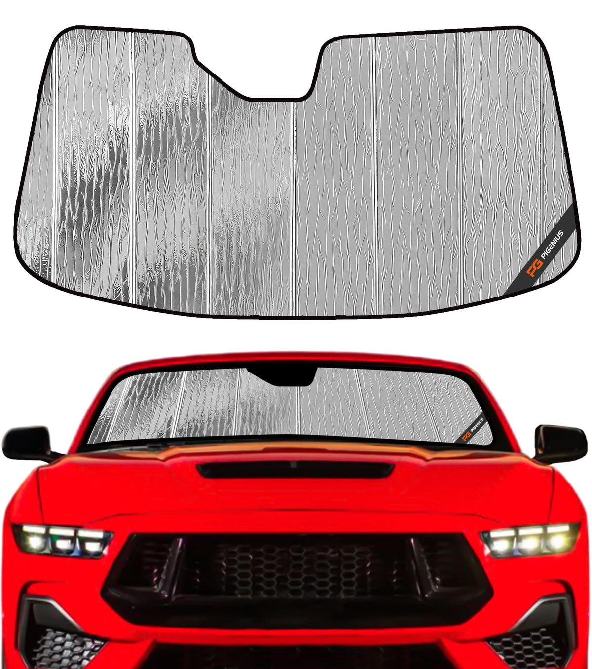 Pigenius AstraGuard front view fitted to Mustang windshield reducing glare