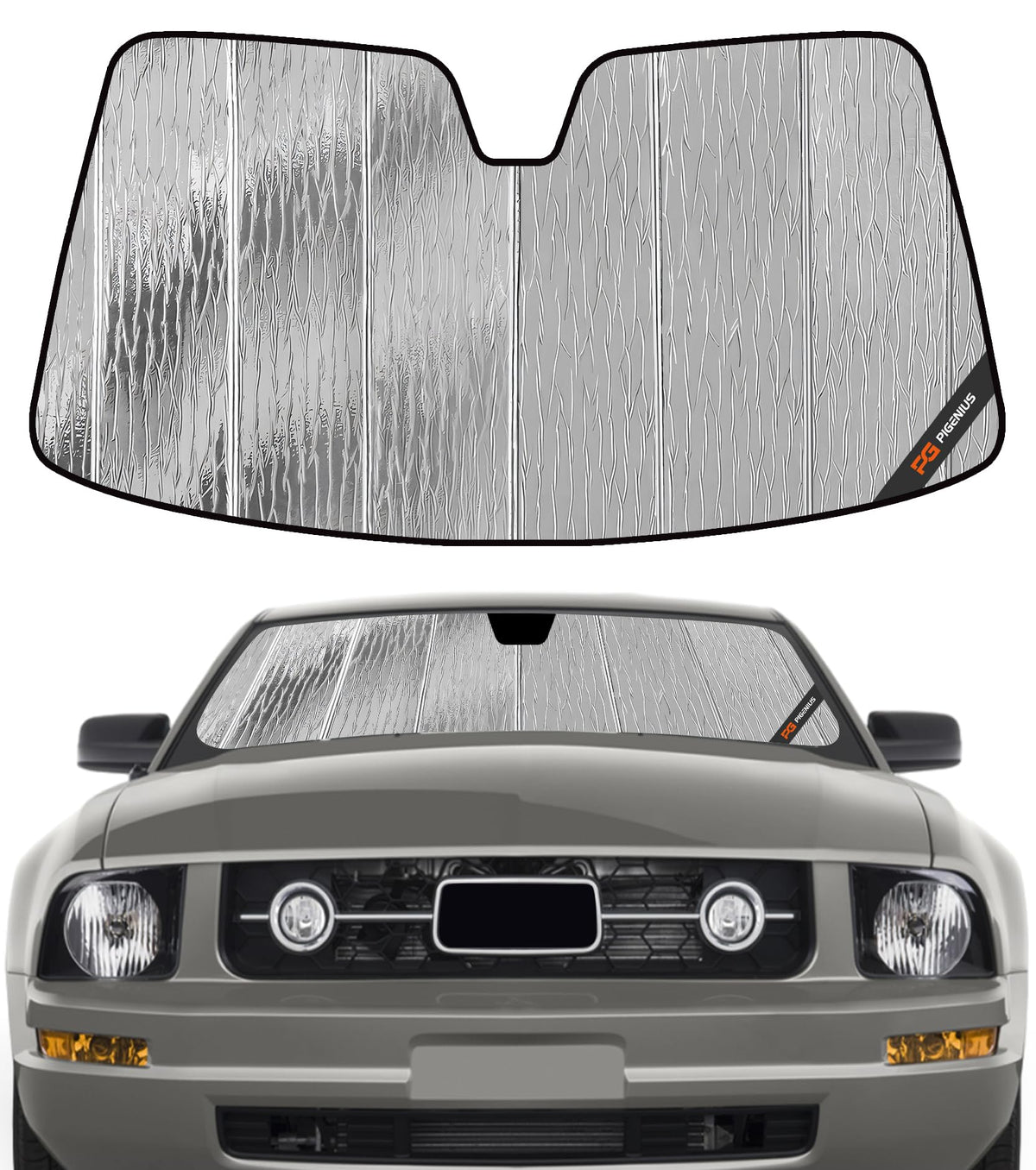 Pigenius AstraGuard front view fitted to Mustang windshield, blocking sunlight