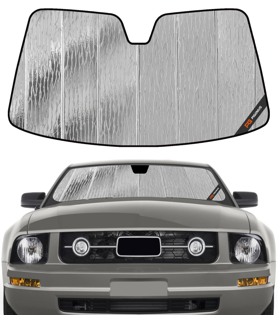 Pigenius AstraGuard front view fitted to Mustang windshield, blocking sunlight