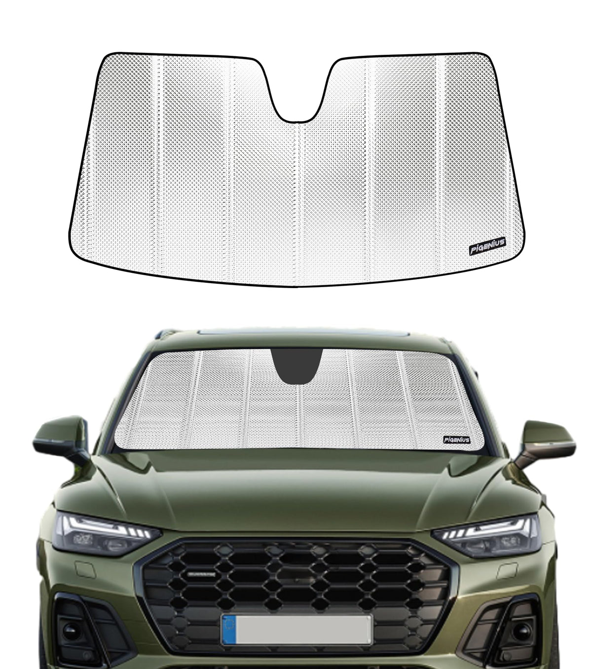 Pigenius packaged sun shade front view showing custom Audi fit and easy unpacking