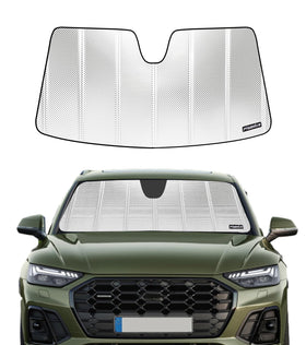 Pigenius packaged sun shade front view showing custom Audi fit and easy unpacking