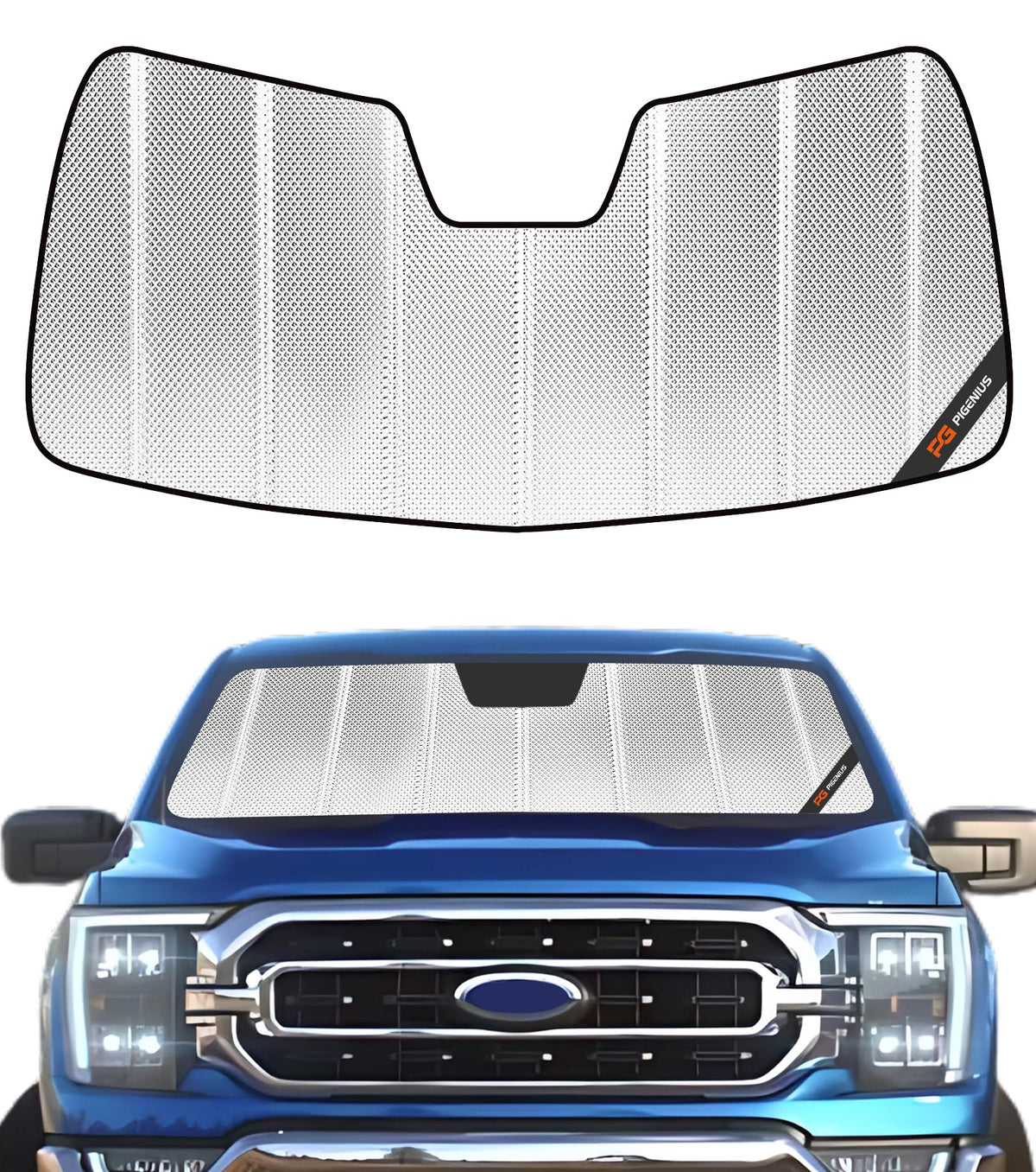 pigenius blazblock front view on ford f150 showing full windshield coverage and heat reduction