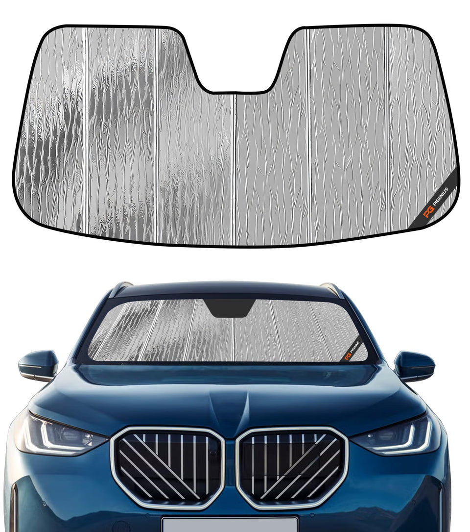 Pigenius front view showing custom-fit sunshade for BMW X3 protecting cabin