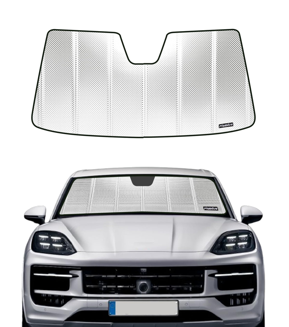 Pigenius front view showing sun shade installed and clean windshield protection