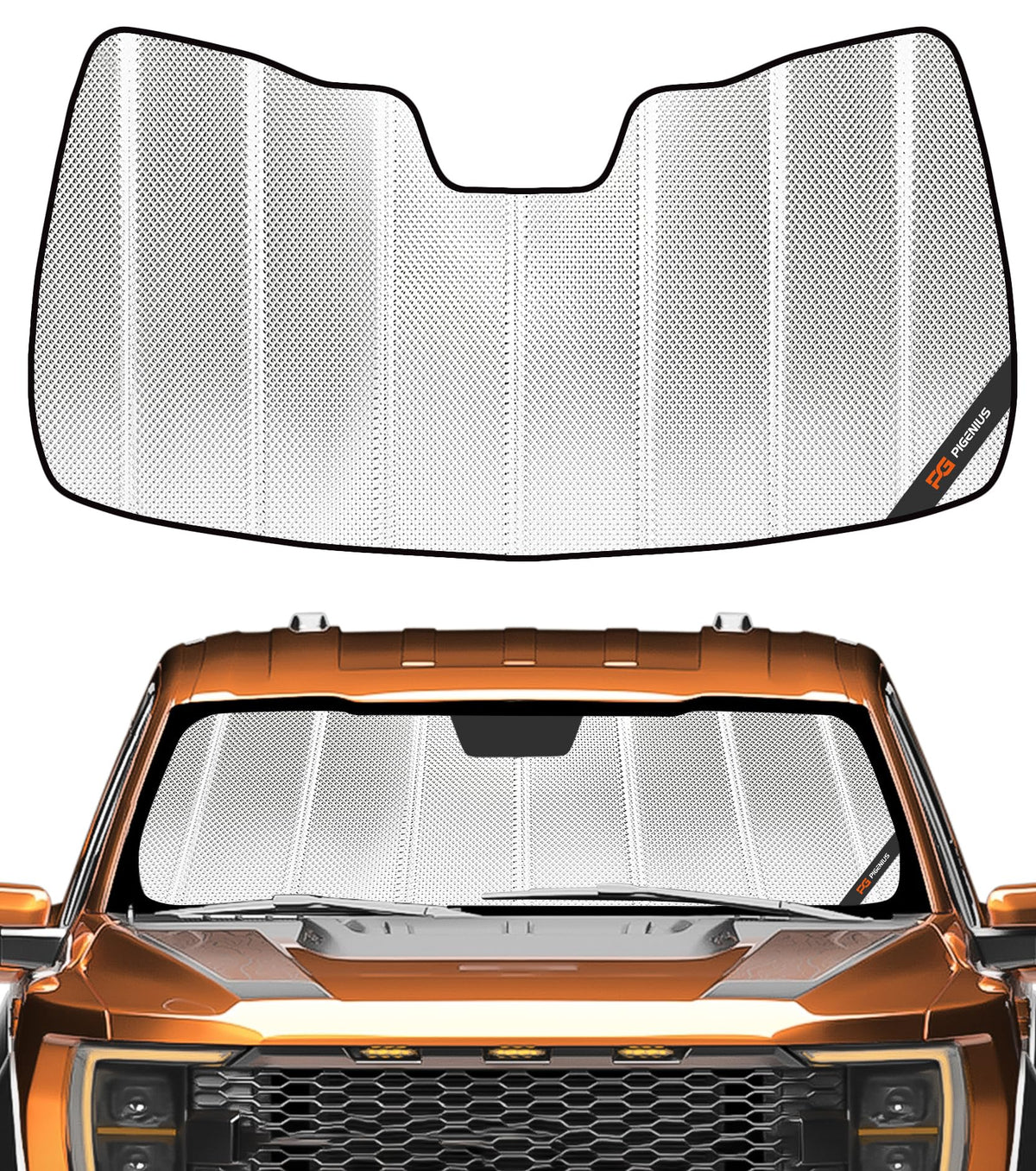 Pigenius front view showing custom-fit shape for Ford F-150, reduces cabin heat