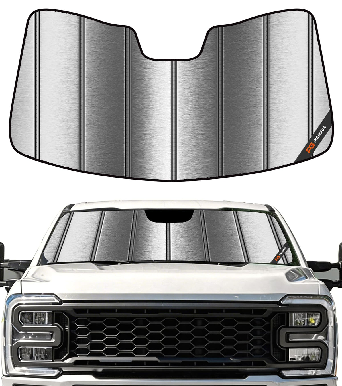 Pigenius front view showing metallic sunshade fit and clean coverage benefit