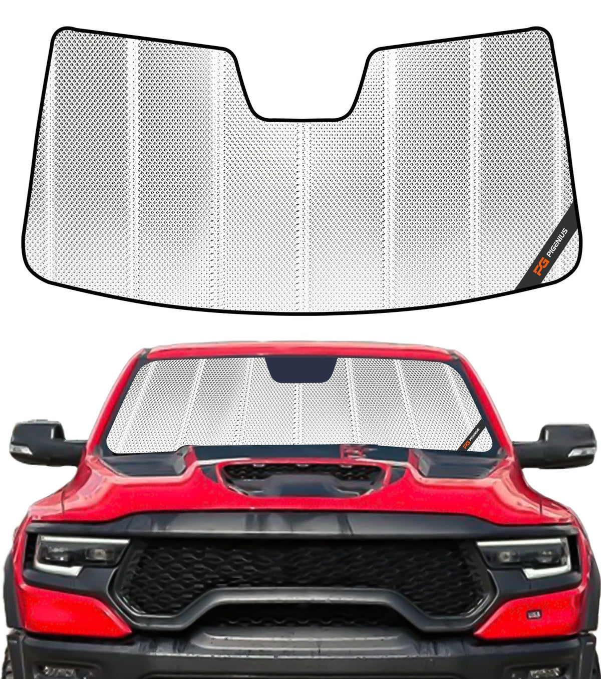 Pigenius front packaging displayed on Ram 1500 showing fit and benefits