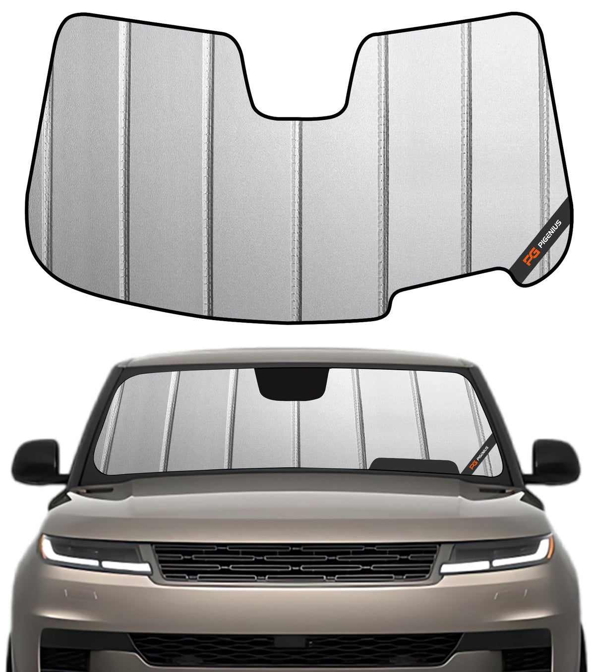 Pigenius front sunshade installed on Range Rover windshield protects interior
