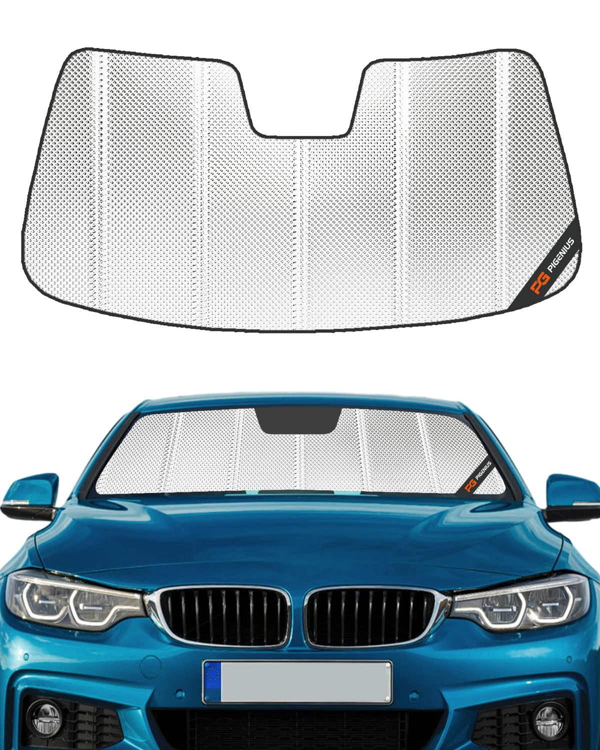 Pigenius front view installed in BMW 4 Series showing full windshield coverage and cooling benefit