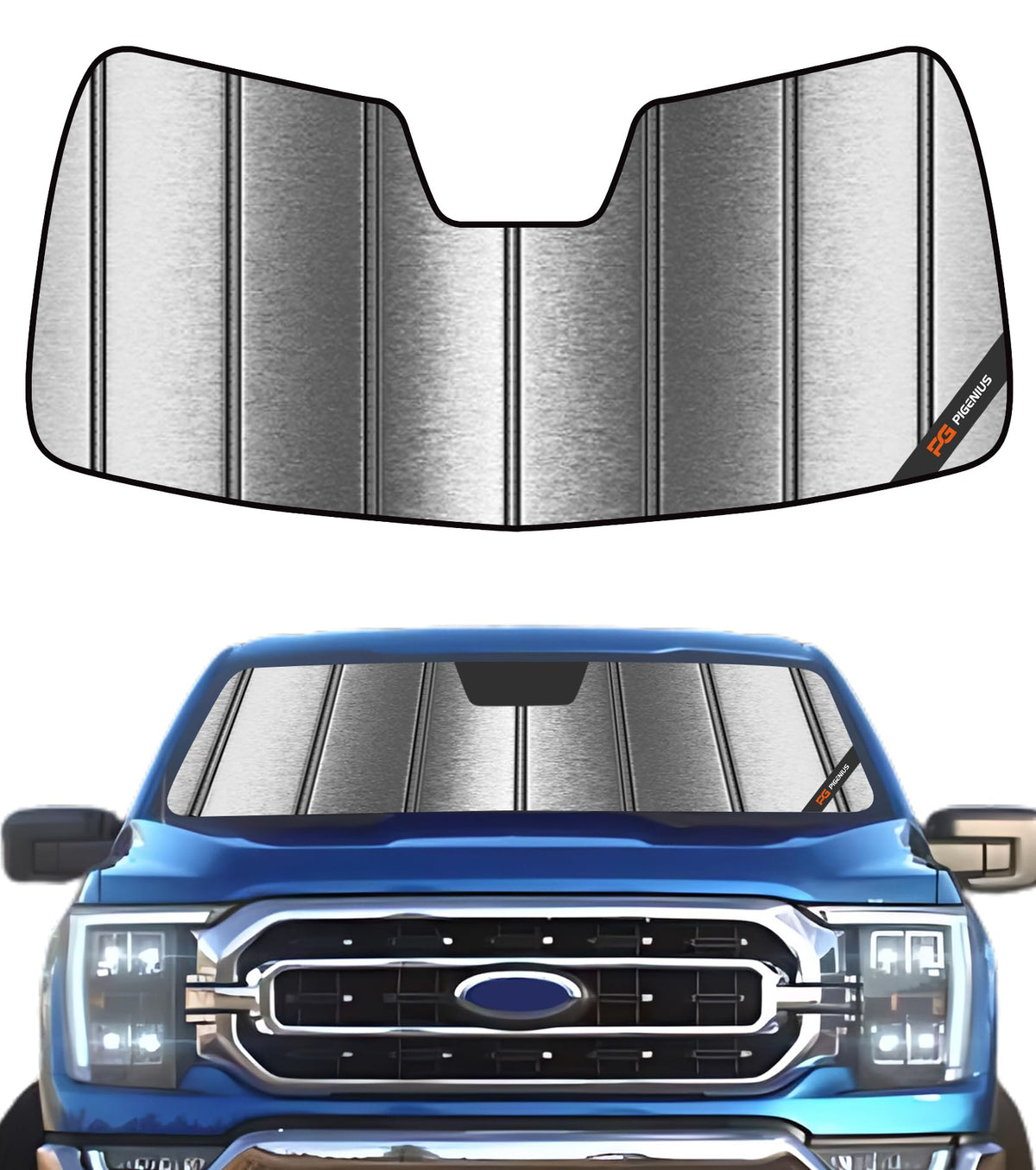 Pigenius front view metallic sun shade on F-150 showing full windshield coverage and protection